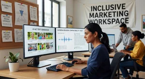 Digital marketer using AI alt text generator for website images, screen reader compatibility testing, inclusive marketing workspace