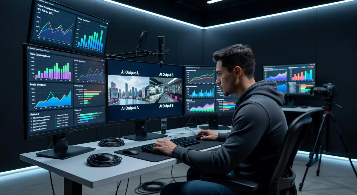 Video creator analyzing AI-generated video quality on multiple screens, comparing platform features and outputs