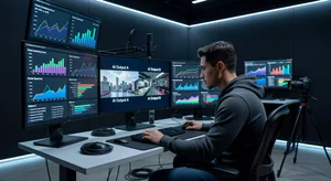 Video creator analyzing AI-generated video quality on multiple screens, comparing platform features and outputs