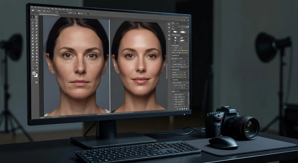 Close-up of portrait editing software interface showing subtle skin retouching sliders and tools
