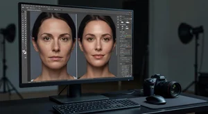 Close-up of portrait editing software interface showing subtle skin retouching sliders and tools