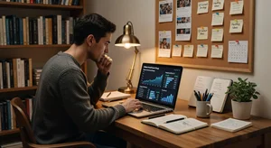 Content creator working at desk analyzing social media growth metrics on laptop screen, warm workspace lighting, focused professional atmosphere, organized creative workspace