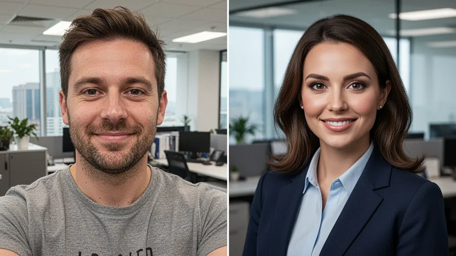 Split screen comparison showing dramatic improvement from casual photo to AI-generated professional headshot