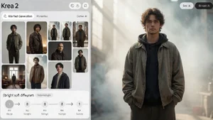 Modern AI interface showing Krea 2 branding with style reference moodboard panel