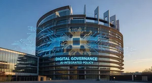 European Parliament building with AI circuit pattern overlay