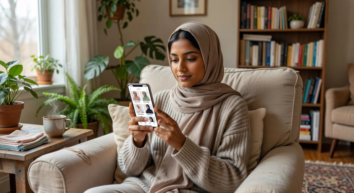 A comparison showing the same person with different hijab colors and styles, demonstrating how each affects overall appearance