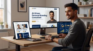 A freelancer reviewing their complete personal brand across multiple devices showing consistent professional headshot, branded social media posts, and professional website all with cohesive visual identity representing successful personal brand building with AI tools