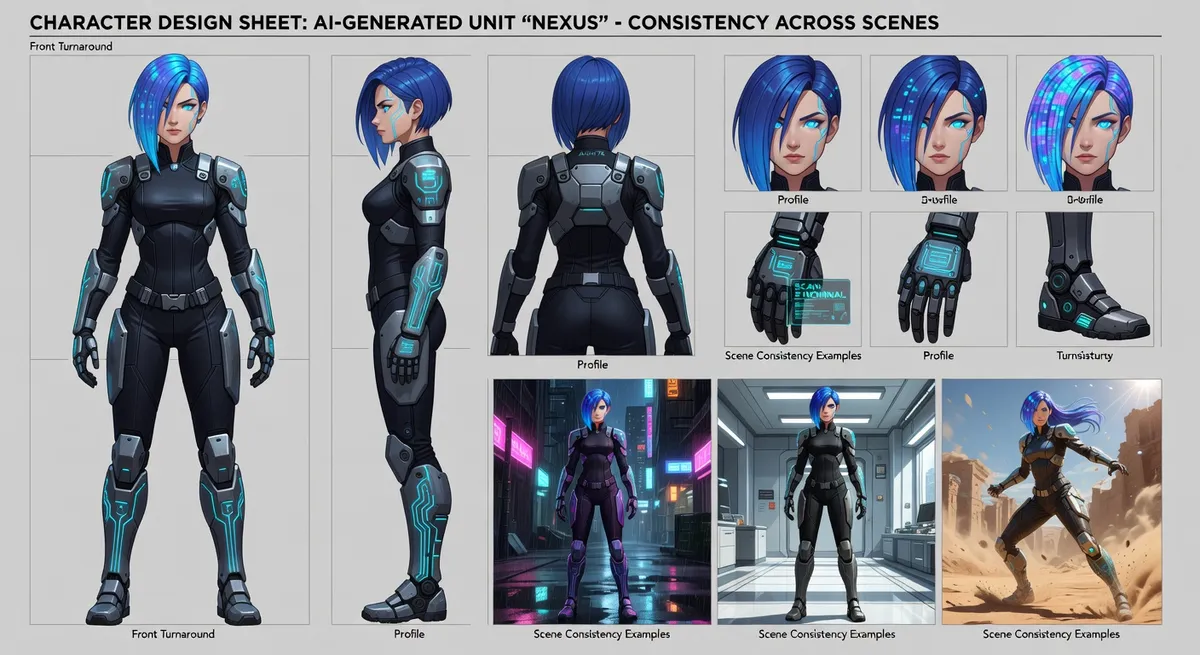 Side by side examples of using reference images to maintain character features like clothing, hairstyle, and facial structure