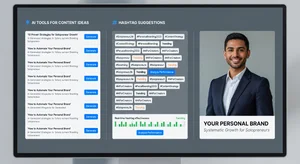 A freelancer's content dashboard showing AI tools for content ideas, hashtag suggestions, and a professional headshot, representing the systematic approach to personal brand building