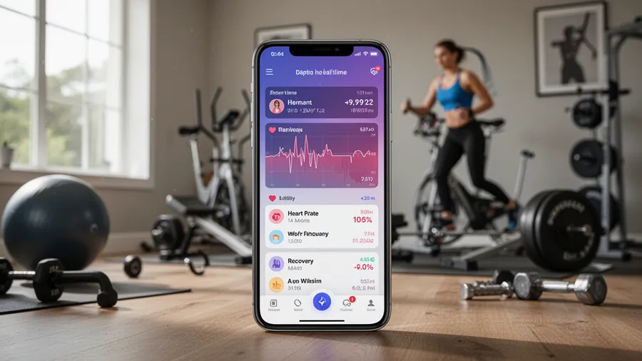 Smartphone showing AI workout plan with heart rate and recovery data in a home gym setting