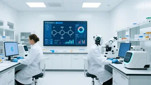 Modern pharmaceutical research lab with AI screens showing drug compound analysis and scientists working alongside AI systems