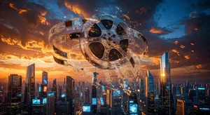 Futuristic city with fading digital film reel