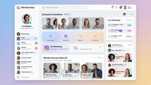 A thriving creator membership community interface showing engaged members, exclusive content sections, live workshop schedules, and member success stories