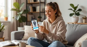 Person using smartphone with virtual clothing try-on app in bright natural lighting