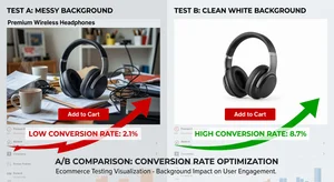 A/B test visualization showing product listing with background versus clean white background with performance metrics comparing conversion rates