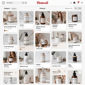 Pinterest board collection showing different categories, organized pins layout, cohesive visual aesthetic, multiple product images arranged in grid, lifestyle imagery, brand consistency across pins, professional curation