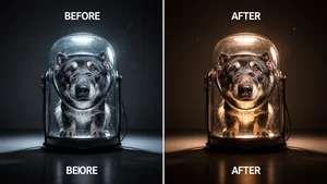 Before and after comparison of AI lighting enhancement and professional photography
