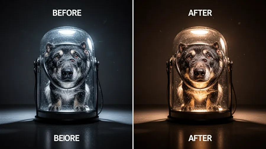 Before and after comparison of AI lighting enhancement and professional photography