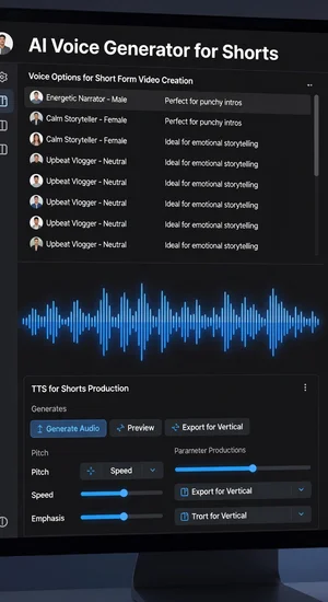 AI voice generation interface showing text to speech tools for creating short form video narration with voice customization options