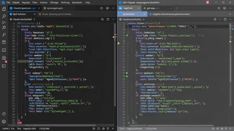 Code editor showing side-by-side comparison of GPT and Claude generated solutions for the same programming task