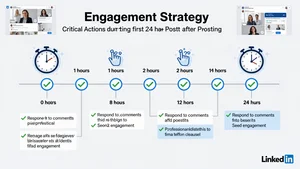 An engagement strategy timeline showing critical actions during the first 24 hours after posting a carousel