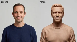 Before and after showing photo transformed to clay sculpture art style