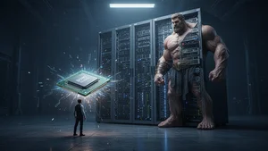 Small glowing processor outperforming a massive server rack
