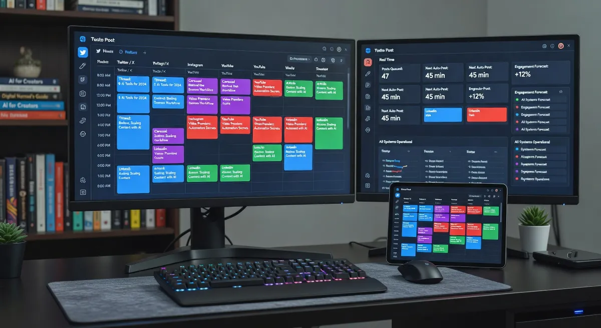 Content creator posting automatically scheduled social media content through AI automation, calendar with posts pre-scheduled across platforms