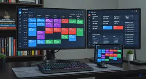 Content creator posting automatically scheduled social media content through AI automation, calendar with posts pre-scheduled across platforms