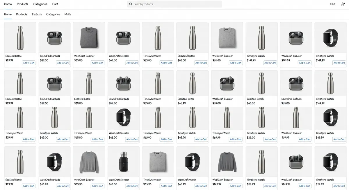 Professional ecommerce product grid with clean consistent white backgrounds across all product photos