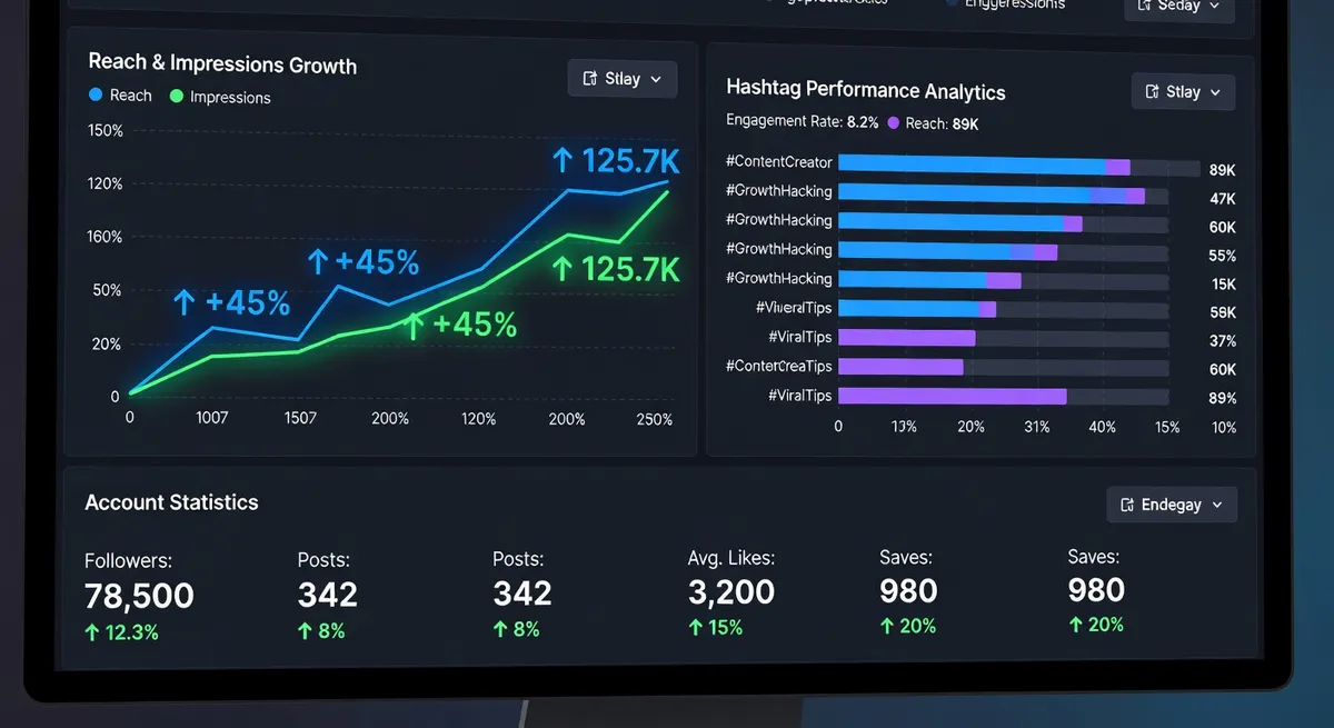 Instagram post reach and engagement analytics showing follower growth from targeted hashtag strategy for content creator account