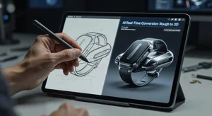 Close-up of hand sketching product design on tablet, AI-powered software converting rough lines into detailed 3D model