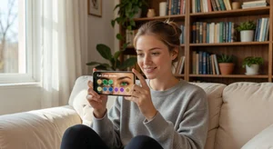 A person looking in a mirror examining different natural versus dramatic eye color options