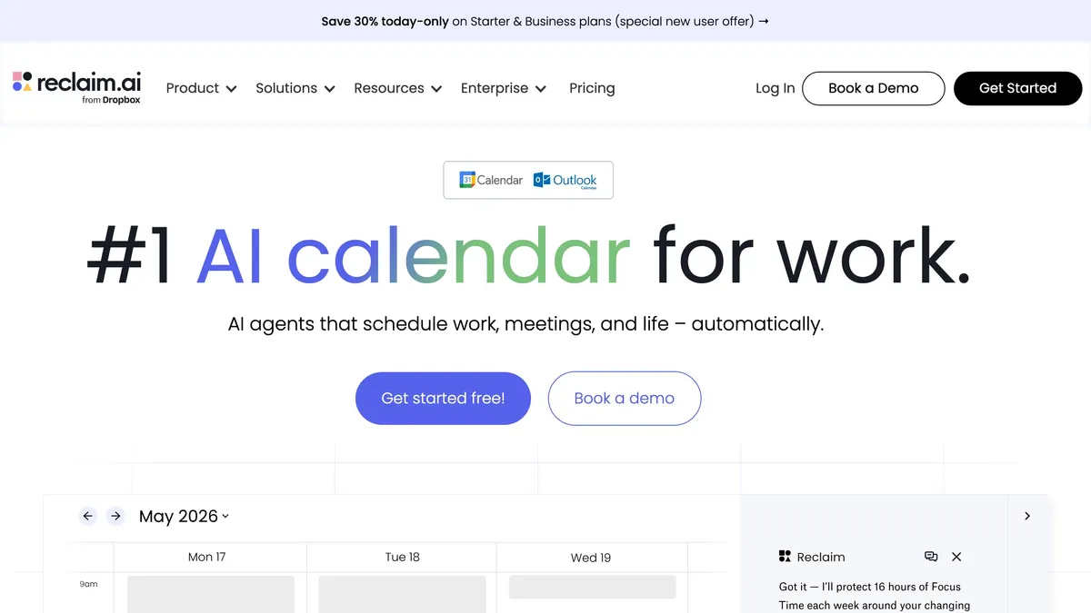 Reclaim AI defending focus time on a calendar