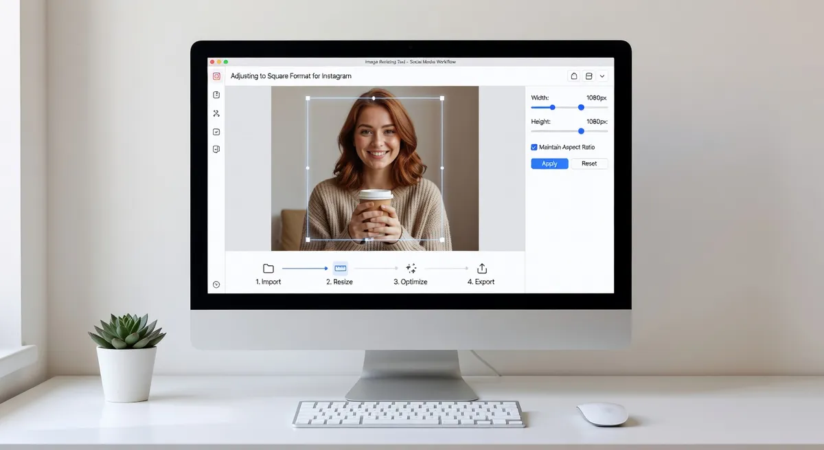 Image resizing interface showing photo being adjusted to square format with crop guides, social media content workflow on clean modern screen