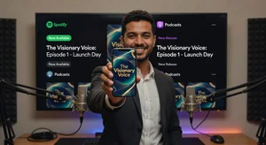 A podcaster holding their finished podcast episode on their phone with the beautifully designed cover art visible, standing in front of the Spotify and Apple Podcasts interfaces, representing the achievement of launching a visually appealing professional podcast