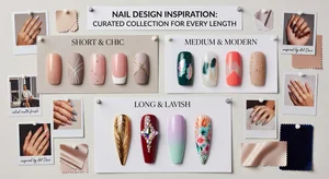Nail design inspiration board showing curated styles for various nail lengths
