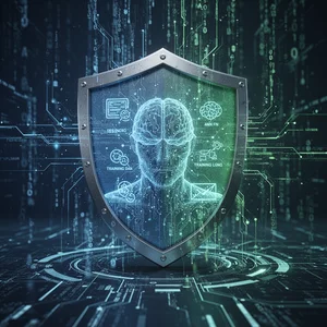 AI model being protected by a security shield scanning incoming training data with blue and green defensive visualization