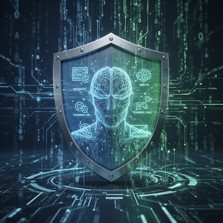 AI model being protected by a security shield scanning incoming training data with blue and green defensive visualization