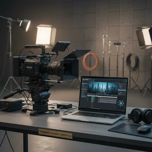 Cinema camera equipment next to laptop running AI video software
