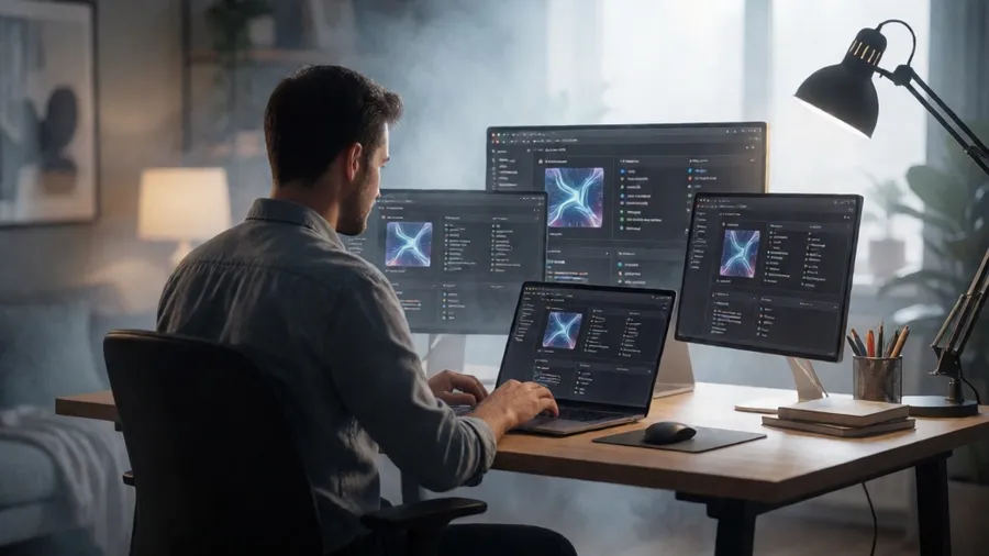 Developer testing multiple AI models on laptop in modern workspace