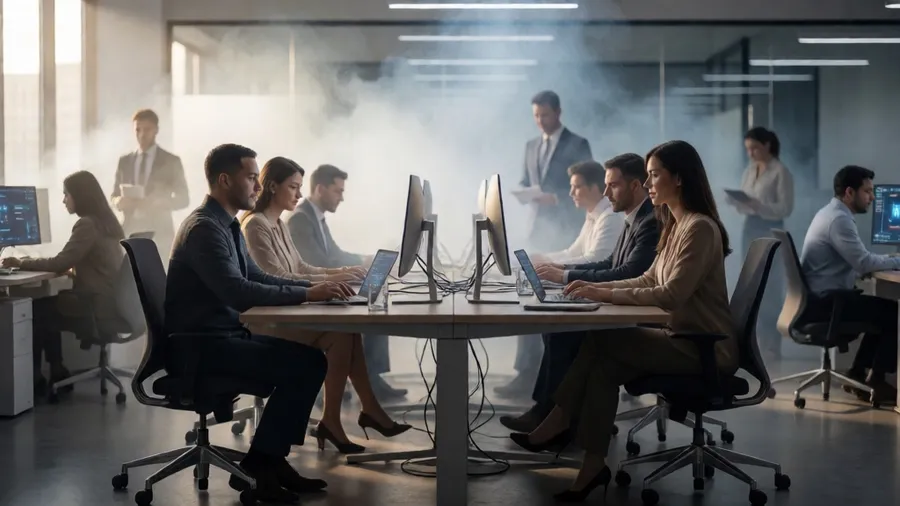 Business team collaborating with AI tools in modern office