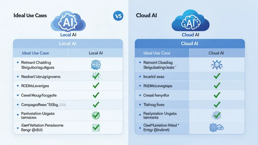 Comparison chart showing ideal use cases for local AI versus cloud AI across different scenarios and requirements