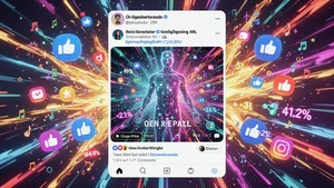 Social media feed showing AI generated content going viral with engagement metrics and share animations