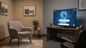 Therapy office with empty chair on one side and AI chatbot interface on screen on other side