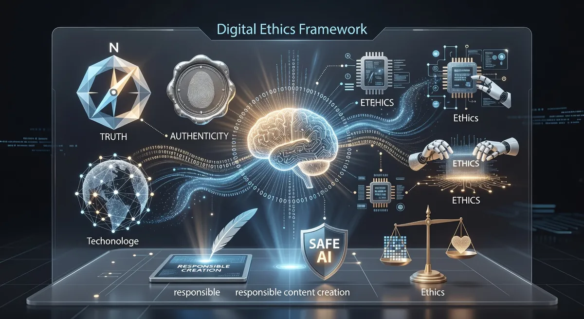 Digital ethics concept illustration with AI technology symbols, truth and authenticity icons