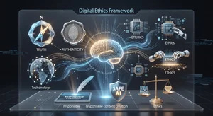 Digital ethics concept illustration with AI technology symbols, truth and authenticity icons