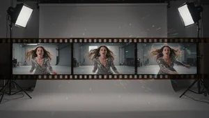Filmstrip of still photos transitioning to animated video