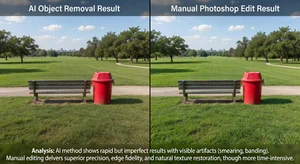 Split comparison showing AI object removal versus manual Photoshop editing results