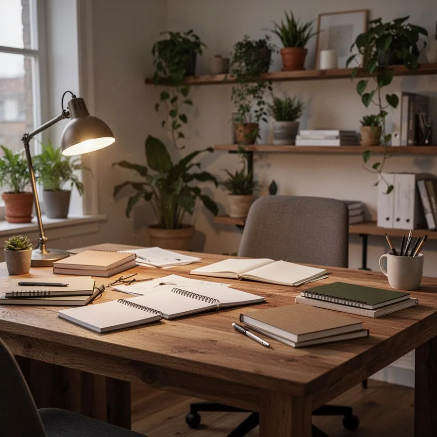 A home office background with warm lighting, a wooden desk, scattered notebooks, and plants on shelves